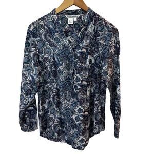 Wintersilks Womens Popover Top Shirt Medium Blue‎ Paisley Silk Blend Boho Career